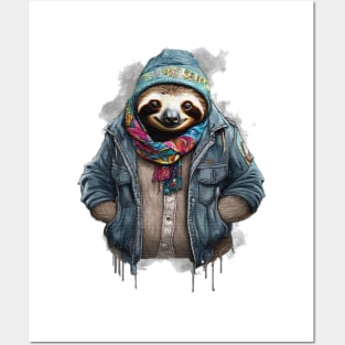 sloth wearing a jackets hat and a scarf Posters and Art